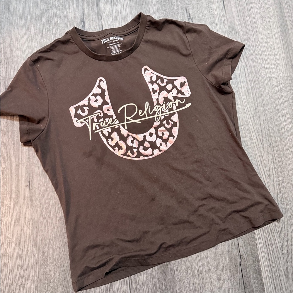True Religion Chocolate Tee with Pink Leopard Graphic